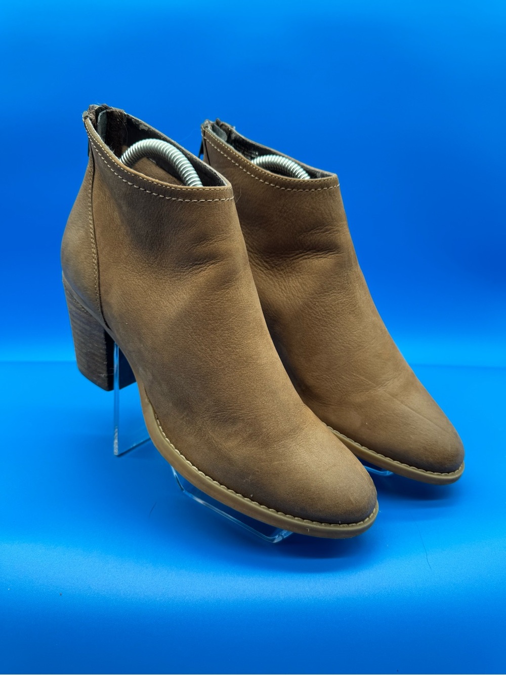 Steve Madden RANDI Women's 8 Brown Cognac Leather Ankle Booties Block Heel Zip